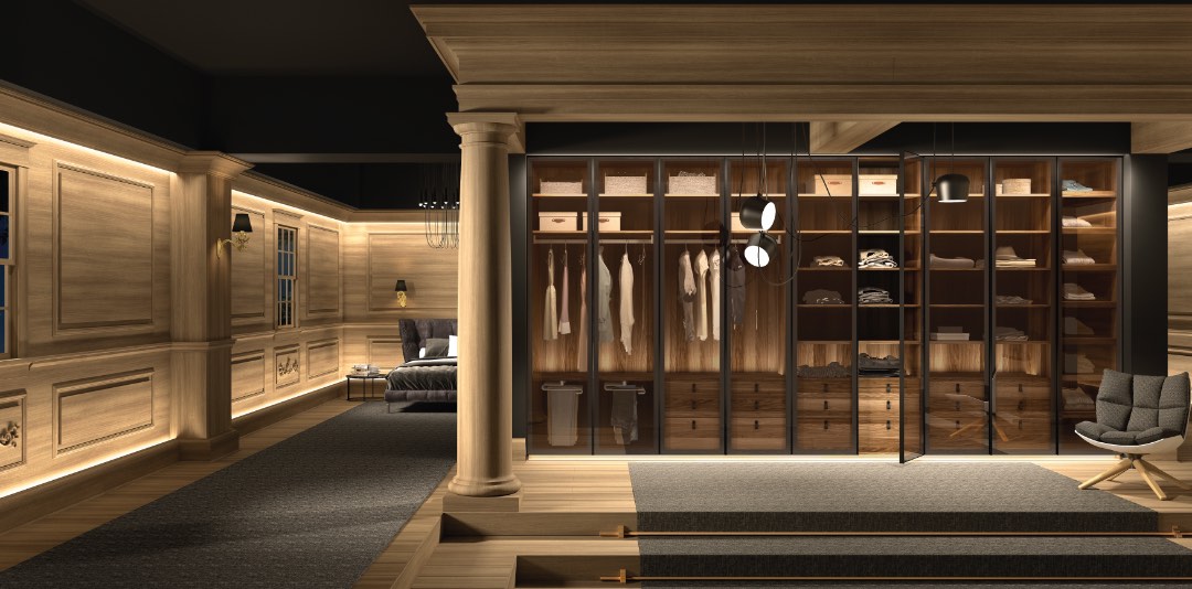 Perfil aluminio negro + cristal bronce | interior melamina nogal mate